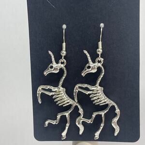 Silver Skeleton Unicorn Dangle Earrings Gothic Fantasy